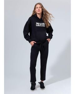 black hooded sweatshirt printed woman