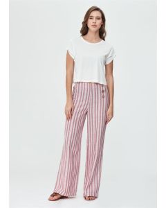 WOMEN'S TROUSERS WITH RED STRIPED WOVEN BUTTON DETAIL