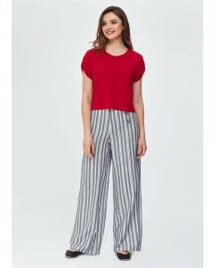 BLACK STRIPED WEAVING BUTTON DETAIL WOMEN'S TROUSERS WITH WIDE LEGS