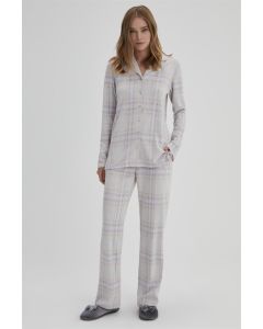 beige jacquard women's long sleeve plaid shirts interlock pajama sets